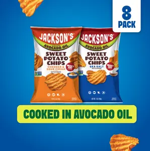 Jackson's Wavy Sweet Potato Chips Variety Pack | Avocado Oil, Allergen-Free, Gluten-Free | Sea Salt + Cheddar & Sour Cream | 8-Pack (5oz bags)