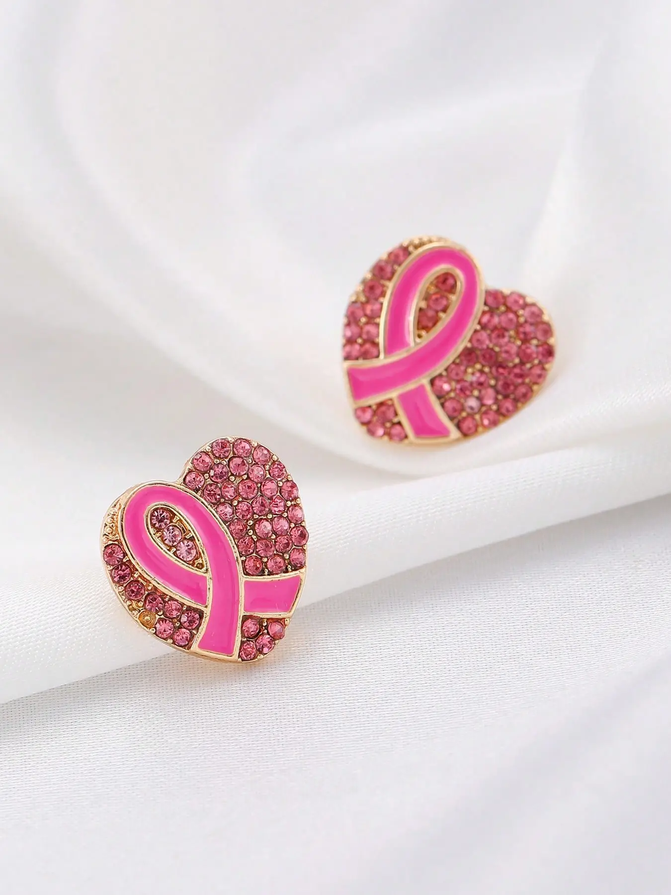 Sweet Ribbon Heart Stud Earrings with Rhinestones, Breast Cancer Awareness Jewelry, Perfect Gift for Girlfriend/vday