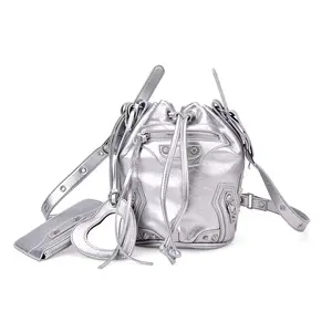 Brown Faux Leather Rivet Drawstring Bucket Bag with Zipper Pouch