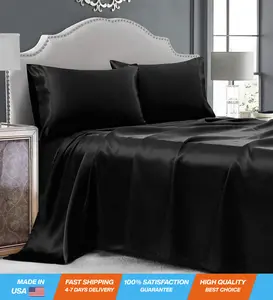 4 Pcs Black Satin Sheets Full Size Silky Satin Bedding Sheets Set with 1 Deep Pocket Fitted Sheet, 1 Flat Sheet, 2 Pillowcase