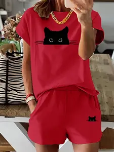 Women's Summer Casual Lightweight Knit Short Sleeve Tee Top & Shorts Set, Womenswear, Matching, Cartoon Cat Print, Round Neck, Regular Fit, Perfect for Daily Wear, Clothes