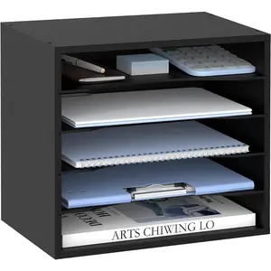Wood Desk Organizer, 5 Tier Paper File Organizer for Desk, Wooden Desktop Organizer, Paper Letter Literature Mail Sorter, for Office School & Home Organization, Black