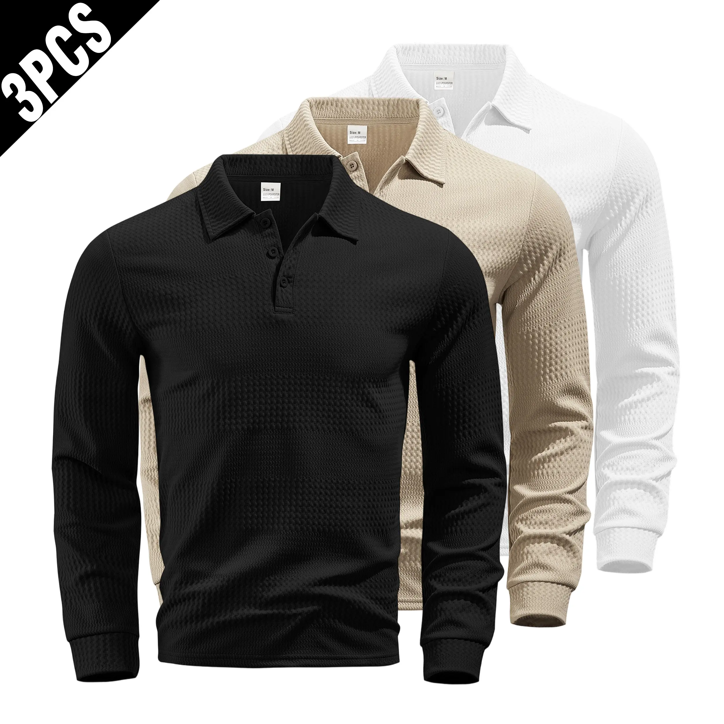 Men's Polo Shirts 3-Pack, Long Sleeve Waffle Knit Half-Button Collared Pullovers, Regular Fit Casual Menswear Tops for Golf, Longsleeves