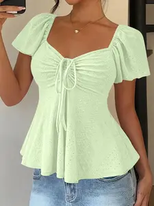 French Vintage Cutout Drawstring Bubble Sleeve Top Blouse, Women's Summer Waist Cinch Slimming Fitted Doll Shirt, Sweet Fairy Short Sleeve T-Shirt
