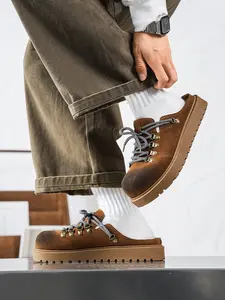 Men's Suede Platform Slip-On Clogs, Lace-Up Closed Toe Slide Sandals, Retro Hiking Style Casual Shoes, Indoor & Outdoor Wear Lazy Mules