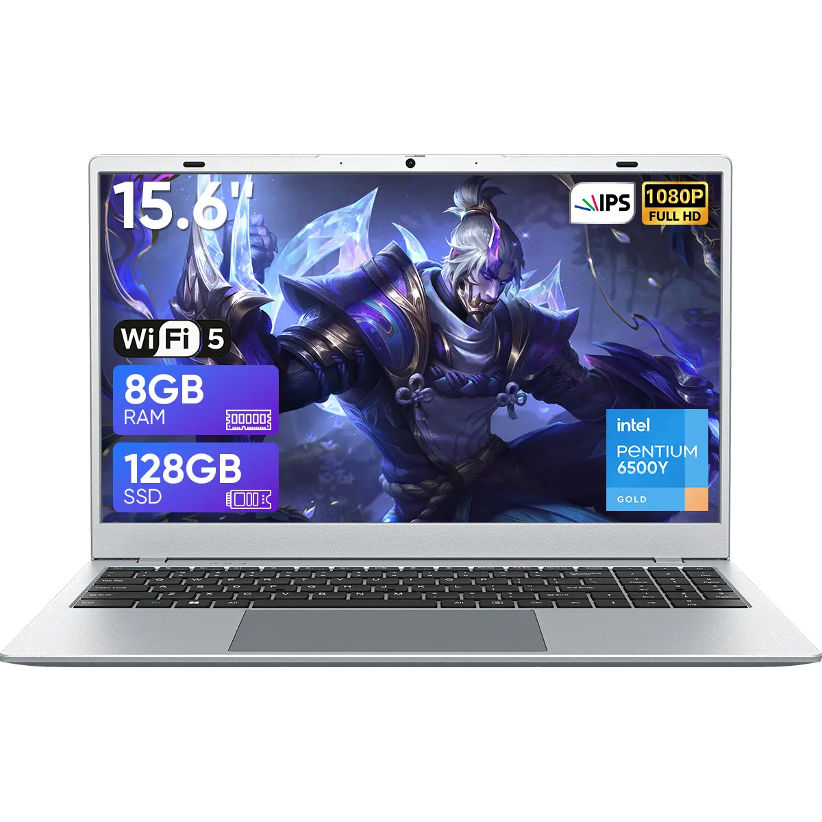 Laptop Computer 15.6" FHD 1920×1080 Intel Pentium Gold 6500Y 8GB RAM 128GB SSD Privacy Camera Numeric Keypad WiFi 5 Bluetooth 5.0 Silver Notebook for Home Office & Everyday Use