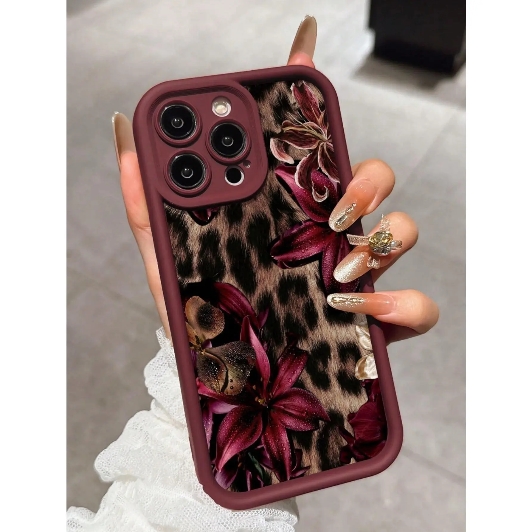 Cheetah,Leopard Print Burgundy Sexy Leopard Print Vintage Floral Thick Anti-Drop Phone Case Compatible With IPhone 11, 12, 13, 14, 15, 16, 13 Pro Max, 16 Plus, XR, 7, 8 Plus, 17 Pro Max, 15 Pro Max And Other Models, Cover, Accessories, Smartphone, Cellpho
