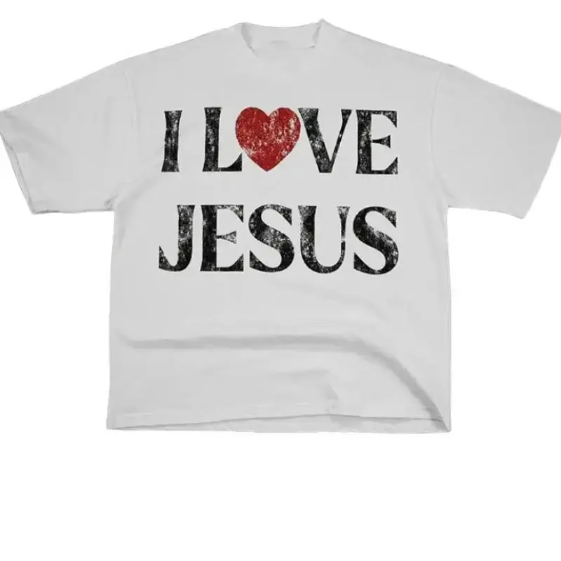 [100% Cotton] Vintage I Love Jesus Print Short Sleeve T-Shirt Menswear Top Underwear Tshirt Cotton Polyester,Women's Letter Print Round Neck Tee Perfect GiftMen, Perfect Gift Streetwear Crewneck Black Casual  Golf Gift T-Shirt For Men and Women