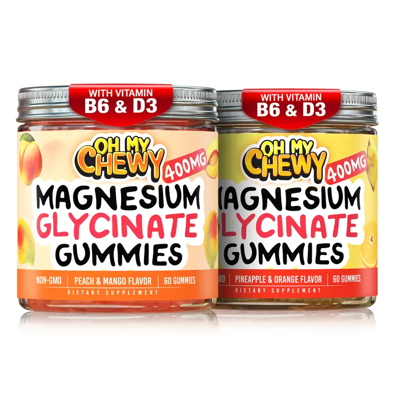 OH MY CHEWY Magnesium Glycinate Chewable Gummies Bundle - 2 Bottles (60 Each, 400mg Per Gummy) - Clean, Vegan, Allergen-Free, Gluten-Free Brain Supporting Supplement for Adults with Blood Pressure Control, 2 Flavor Choices (Pineapple Orange, Peach Mango)