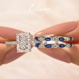 Effinny Jewelry 3.5Ct Radiant Cut 2PC Insert Wedding Ring Set With Blue & White Stone Engagement Ring Enhancer, 925 Sterling Silver Promise Ring, 5A Cubic Zirconia Bridal Ring Set for Wedding, Travel