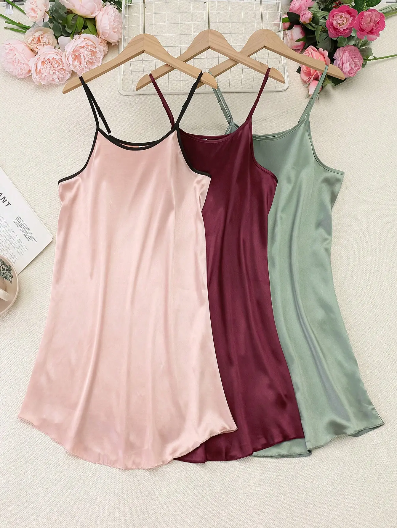 Solid Faux Silk Night Gown for Lady, 3-Piece Luxury Style Loungewear Set with Sleek Camisole Top, Elegance, Casual