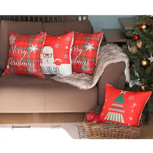 Christmas Themed Decorative Throw Pillow Set of 4 Square 18" x 18" White & Red for Couch, Bedding