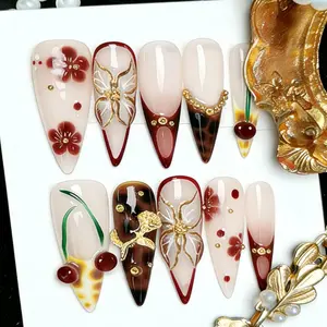 NAILROSY Handmade Press On Nails Medium Stiletto Multicolor Acrylic Floral Design Reusable Nail Art Kit with Gift Box for Festivals & Parties