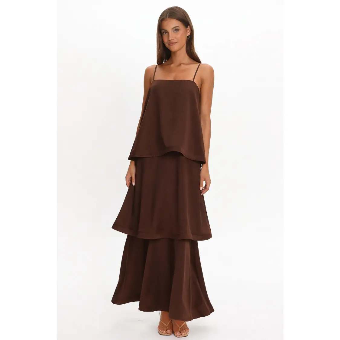 Rue Satin Tiered Maxi Dress - Espresso