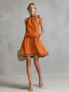 2026 Fashion Halter Neck Short Dress, European Style Striped Edge, Comfortable Sleeveless Waist Cinch, Trendy Short Dress for Women