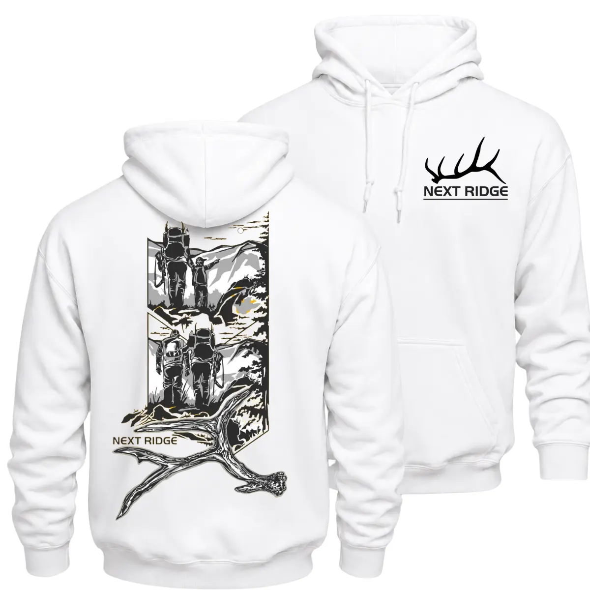Next Ridge Elk Shed Hunting Hoodie, Mountain Hiking and Antler Graphic Pullover, Front Chest Logo and Large Back Print Outdoor Hoodie, Backcountry Sportsman Apparel, Fall Winter Hunting Gift for Men and Women