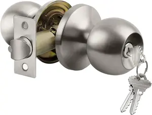 Keyed Entry Door Knob with Lock, Interior and Exterior Door Lock, Standard Ball, Satin Nickel
