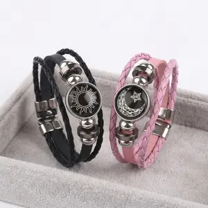 2Pcs Luminous Sun and Moon Couple Bracelets - Glow in The Dark Matching Braided Leather Jewelry, Adjustable Friendship Gift for Boyfriend Girlfriend, Anniversary & Valentine's Day