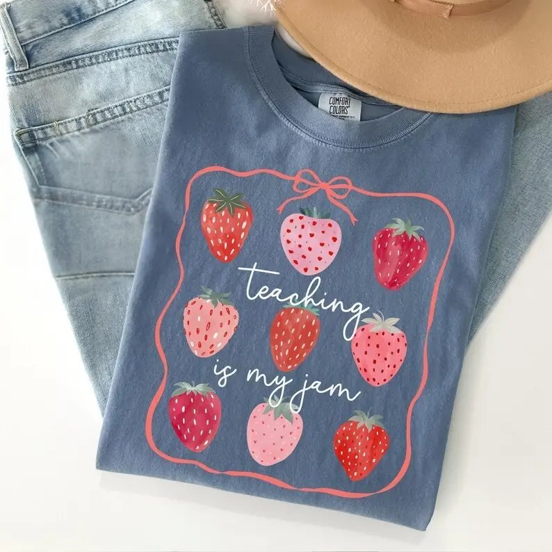 Comfort Colors Teacher T-Shirt, Cute Teacher Gifts, Spring Floral Teacher Shirt, Teaching Appreciation Shirt For Women, Strawberry Bow Graphic Tees