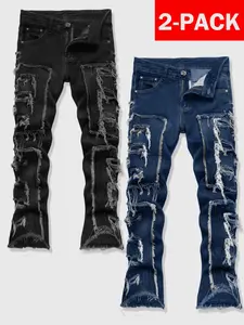 Men's micro-pull tassel patch Y2K style classic style jeans 2 packs, thin and versatile trousers