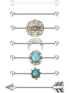 7Pcs 14G Industrial Barbell Earring Cartilage Piercing Moveable Center Piece Surgical Steel Turquoise Industrial Piercing Jewelry, High Quality Earrings