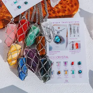 Natural Crystal Necklace – Silver Bamboo Wrap & Metal Net | Tumble & Point Design