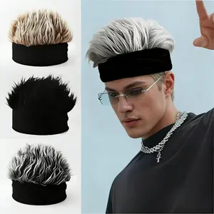 Men'S Funky Faux Fur Knit Beanie Hat - Hip-Hop Style, Straight Hair, No Brim, Perfect for Parties & Cosplay, Black & White Design, Party Accessory |   Funky Beanie |   Faux Fur Hat, Knit Beanie Hat