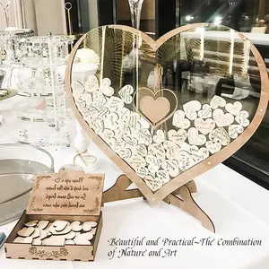 Heart-Shaped Wooden Wedding Sign-In Frame, Decor, 38x36cm, Includes Wood Slice Marker Pen, Perfect for Weddings, Valentine's Day, Birthdays, Parties
