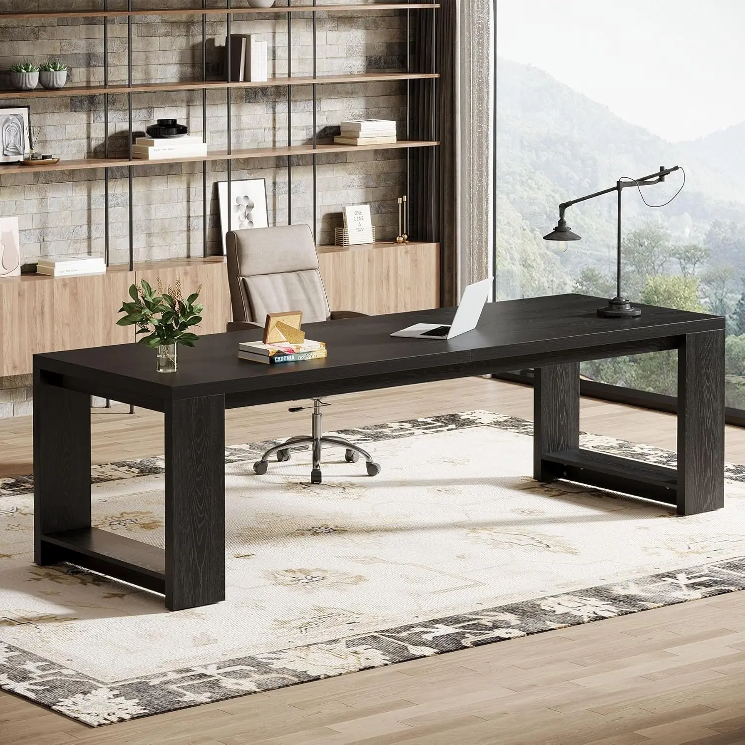 LITTLE TREE Two Person Desk, 86.6 Inches Extra Long Desk, Double Computer Writing Table, Wood Office Desks Workstation for Home Office, Black