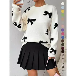 Fashion Bow Print Casual Loose Knitted Sweater Pullover Autumn/Winter Women Pullovers New Full Sleeve Knitwear