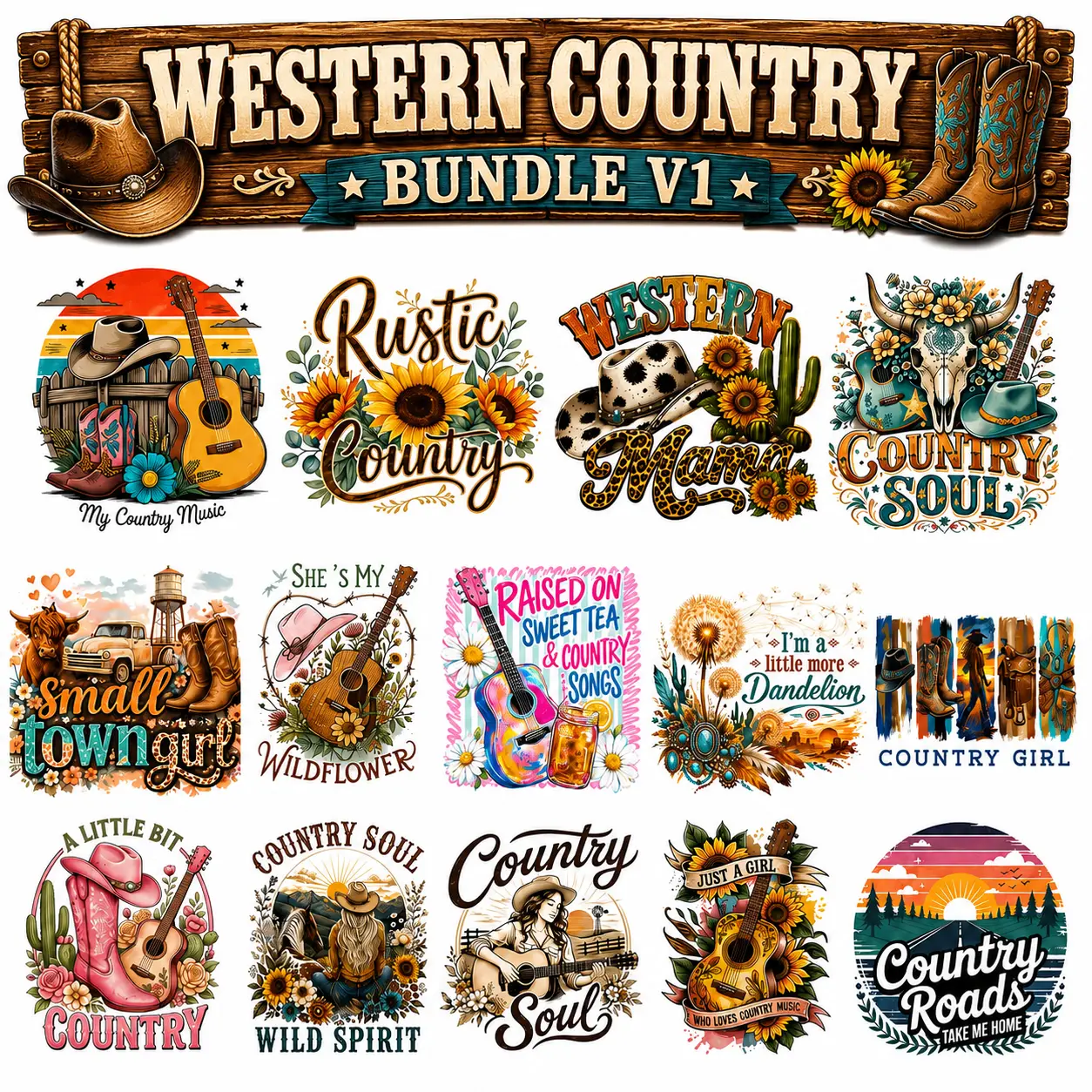Western Country Bundle V1 | Ready-to-Press DTF & Sublimation Heat Transfers for Western Shirts | Cowboy Apparel & Country Clothing