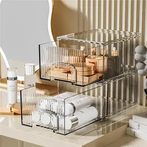 Makeup Organizer, Stackable Bathroom Organizers and Storage, Clear Cosmetic Storage Box For Vanity, Skincare, Kitchen Cabinets, Pantry Organization 2 Pack Set