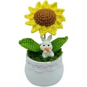 Handmade Crochet Sunflower Bouquet Potted Plants, Knitted Artificial Forever Flowers with Exquisite Pot, Gift to Friends Mother Kids, Home Office Desk Cafe Decoration