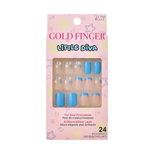 Gold Finger Little Diva Stick-On Nails for Girls - Safe Press-On Nail Art for Kids - Blue Daisy