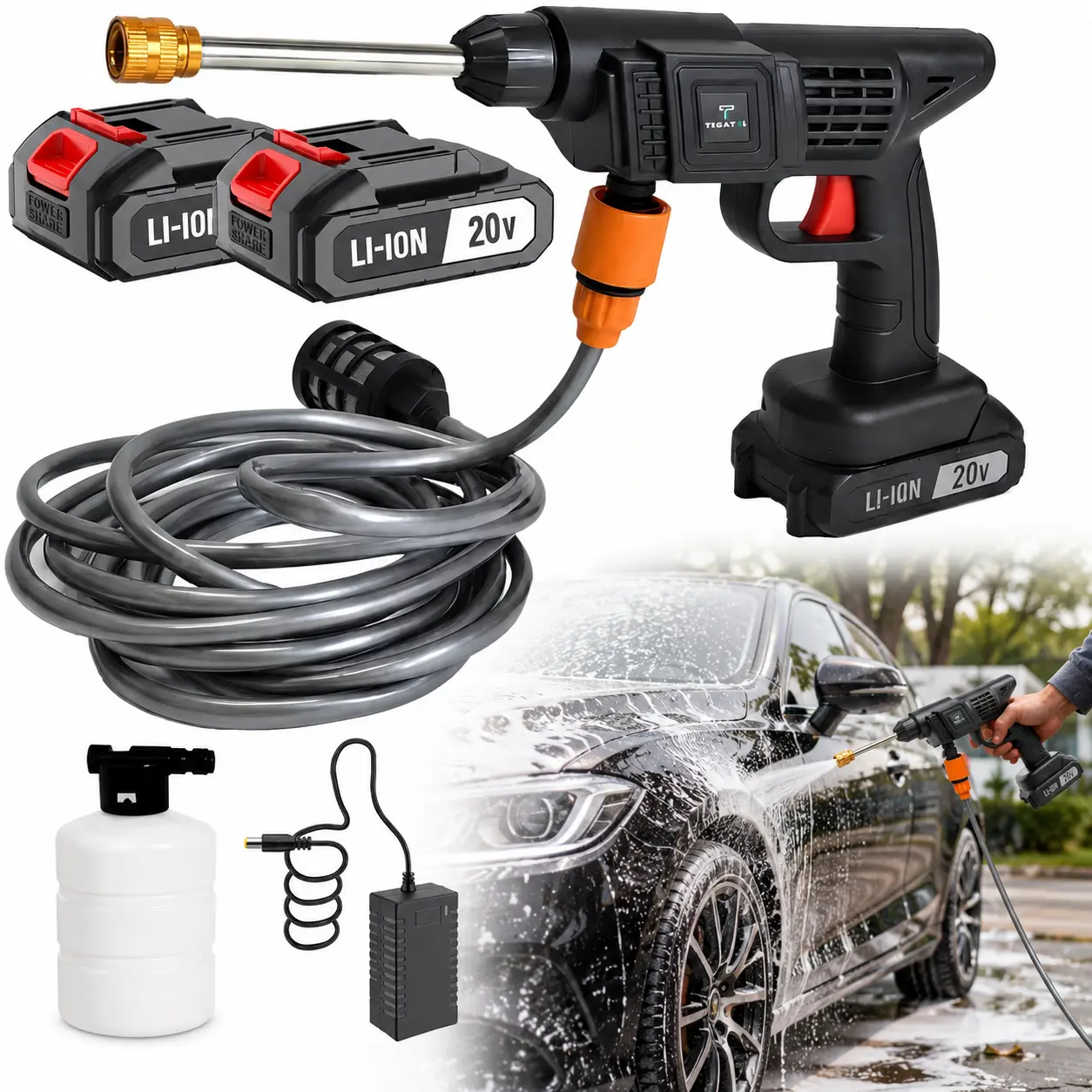 Cordless Pressure Washer, 20V Portable Power Washer Kit with Rechargeable Battery, Foam Bottle, 2 nozzles  Water Hose & Filter, Handheld Car Washer for Car Cleaning, Patio, Driveway, Garden, Outdoor Home Cleaning