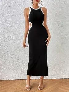 Summer New Women's Fashion Halter Neck Sexy Knitted Bodycon Dress, Round Neck Sleeveless Patchwork Waist Elegant Long Dress