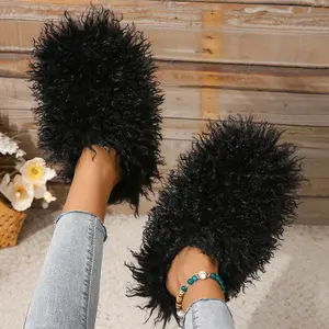 Womens Fuzzy Faux Fur Slippers Women's Fluffy Long Curly Hair Sheep Slip on Slides,Furry Fuzzy House Slippers Open Toe Fluffy Indoor Shoes Footwear Walking Shoes
