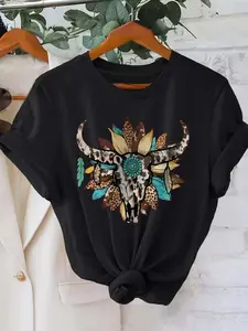 Plus Size, Women's Western Cowboy Print T-Shirt, Round Neck Short Sleeve, Casual Top with Bull Skull & Turquoise Design, Breathable Blend, All-Season Wear