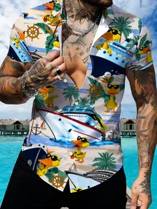 Men's Hawaiian Tropical Style Short Sleeve Beach Club Shirt, Ocean Theme Print Casual Top, Trendy Vacation Men's Wear