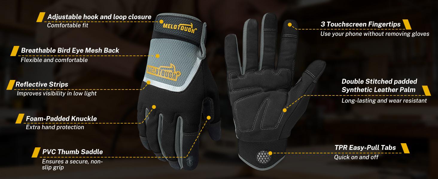 MELOTOUGH Work Gloves for Men Women, Heavy Duty Mechanic Gloves with Touch Screen, Non-Slip Wear Resistant Safety Working Gloves for Garden, Yard, Warehouse, Construction and Daily Work MELOTOUGH Work Gloves for Men Women, Heavy Duty Mechanic Gloves with Touch Screen, Non-Slip Wear Resistant Safety Working Gloves for Garden, Yard, Warehouse, Construction and Daily Work