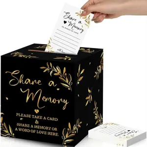 1 Card Box + 50 Cards Set, Black & Gold Paper Memory Sharing Cards, Raffle Cards & Keepsake Storage Box. Perfect Guest Message Cards for Wedding, Bridal Shower, Birthday, Anniversary, Retirement, Graduation, Funeral & Memorial Party Supplies, Lifetime Col