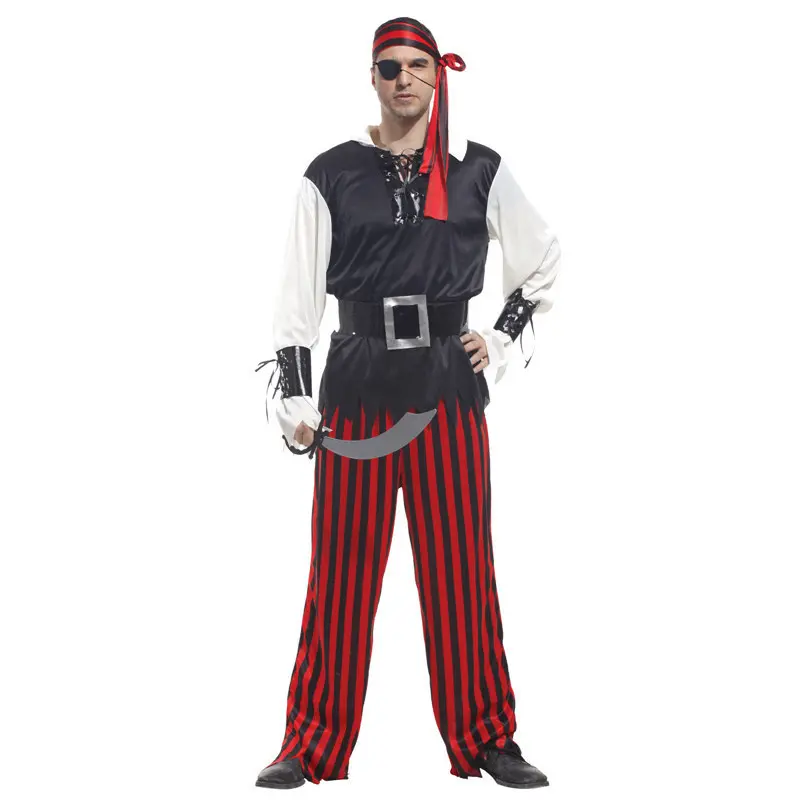 Men's Oversized Striped Breathable Pirate Costume Menswear - Distressed Tattered Golden Renaissance Sea-Themed Halloween Cosplay Outfit with Fabric Details, Sword Accessory for Performances
