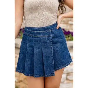 Classic Charm Pleated Dark Wash Denim Wrap Mini Skirt