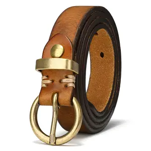 XZQTIVE Womens Genuine Leather Top Grain Belts for Jeans Pants Trendy Vintage Thin Leather Belt Golden Buckle Ladies Skinny Waist Belt