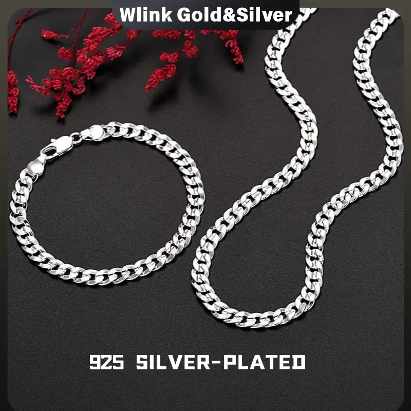 Unisex 925 Silver-Plated Cuban Link Complete Accessories Set - 0.276in High-Gloss Polished Anti-Fade Curb Chain, 19.69/23.62in Necklace, 7.87in Bracelet with Secure Lobster Clasp, Skin-Friendly Waterproof Street Fashion Daily Wear Gift
