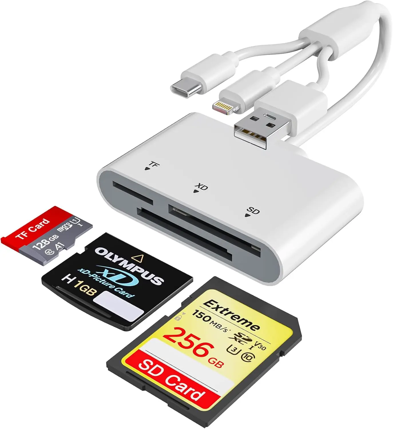 3-in-1 SD Card Reader with USB-C, Lightning & USB Port Extension, Compatible with SD/MicroSD/xD-Picture Cards, iPhone 17/16/15/14, iPad, MacBook, Android, Camera & PC (Party Gift Essential)
