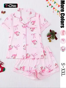 【Christmas Pyjamas】Women's  Set, Soft Short Sleeve Shirt & Elastic Shorts, Holiday Sleepwear, Comfortable Home Wear, Fashion Nightgown, Pajama Set