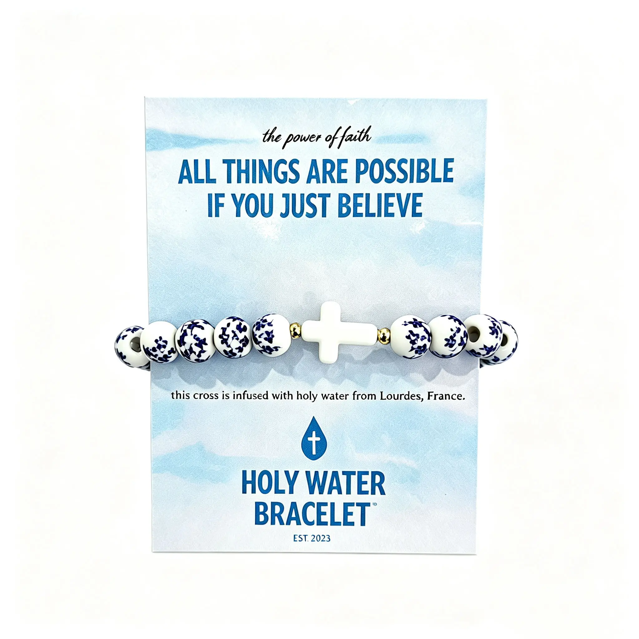 Holy Water Blue Floral Beaded Cross Bracelet, Religious Faith Inspirational Bracelet Gift