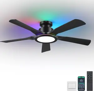 Ceiling Fans with Lights and Remote/APP Control, 52" Low Profile Flush Mount Ceiling Fan with Dimmable RGB Ring Light, 5 Reversible Curved Blades 3 CCT 6 Speeds for Bedroom Party, Black