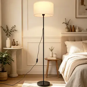 Floor Lamp, 56.6 Inch Modern Black Fabric Shade Standing Lamp, 13.4 Inch Drum Shade E26 Reading Light For Living Room Bedroom Office